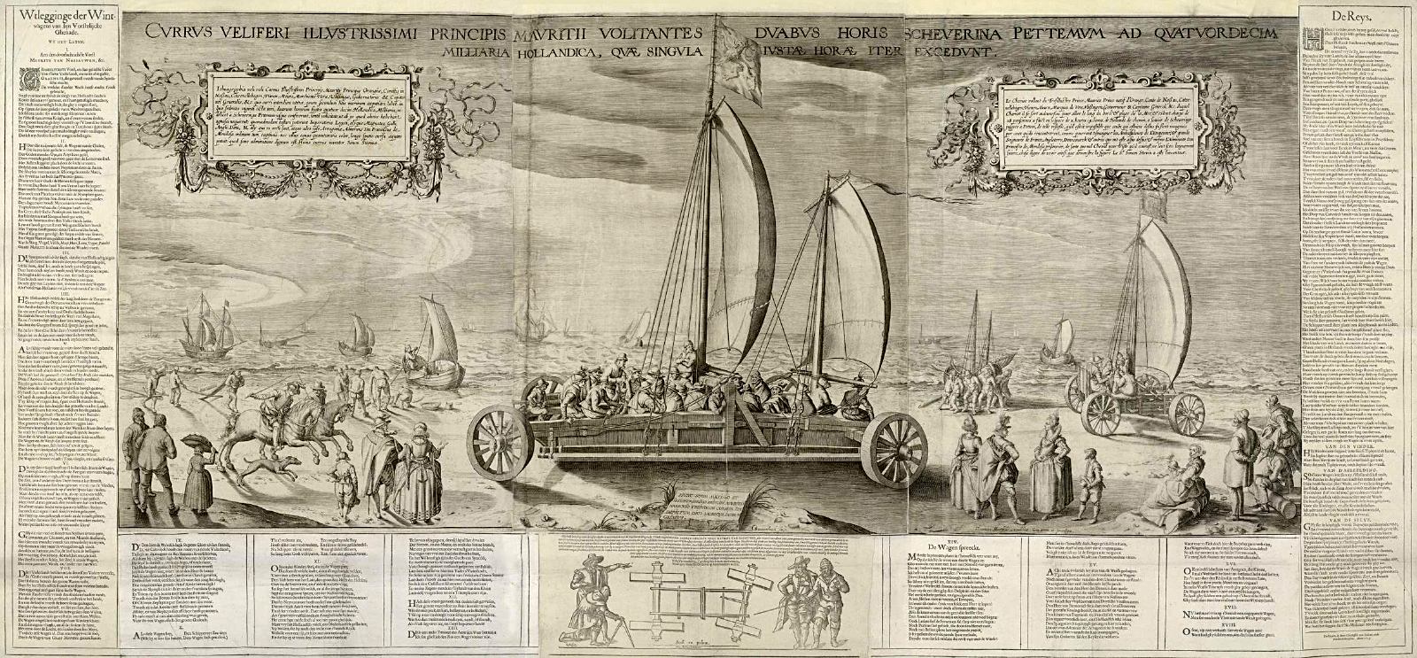 Zeilwagen van Simon Stevin getekend door Jacques de Gheyn in 1603